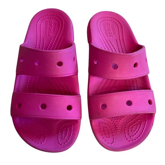Crocs Children’s Bright Pink Open Toed Slip On Slides Size J2 - Picture 1 of 6
